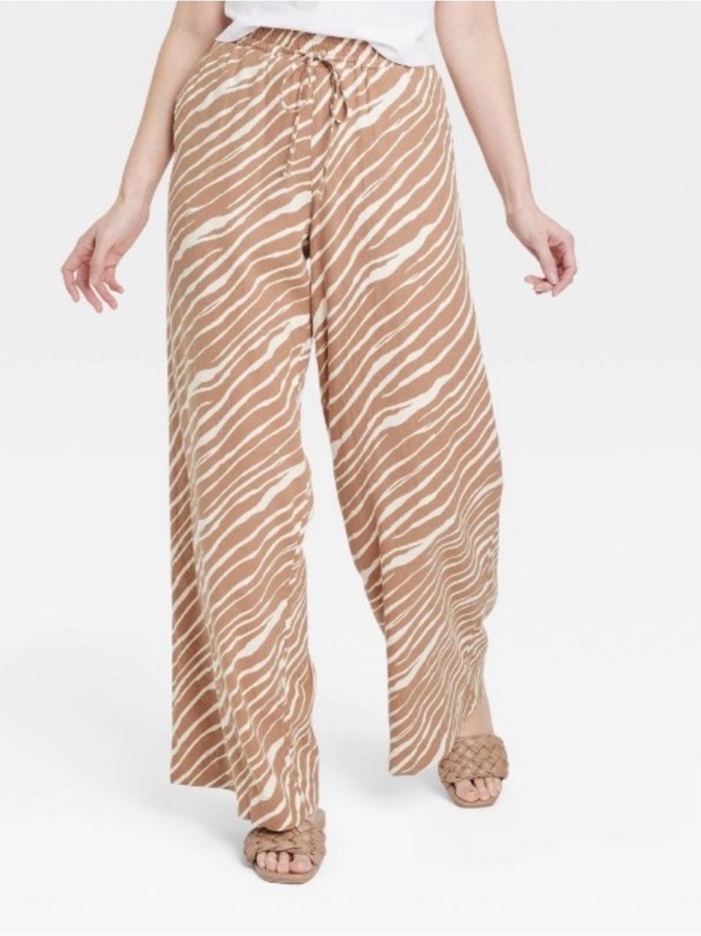 a new day Beige Zebra-Stripe Wide-Leg Drawstring Linen blend Pants Sz M